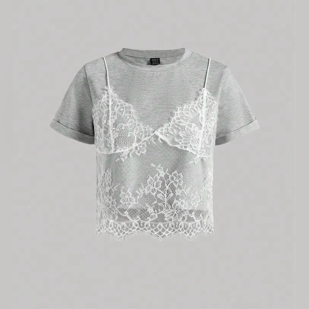 LAST ONE Gray Lace Overlay Top